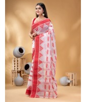  Tant Pure Handloom Cotton Saree Woven NabaDurga Design Without Blouse Piece (Red White)