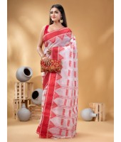  Tant Pure Handloom Cotton Saree Woven NabaDurga Design Without Blouse Piece (Red White)