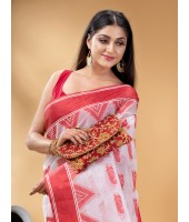  Tant Pure Handloom Cotton Saree Woven NabaDurga Design Without Blouse Piece (Red White)