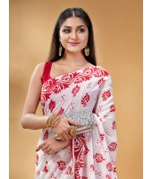 Cotton Saree Nabapatrika Design Handloom Saree with Blouse Piece (Red 