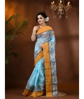  Handloom Cotton Saree Padmakshi Woven Designer Without Blouse Piece (Light Blue)