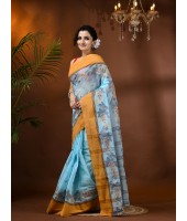  Handloom Cotton Saree Padmakshi Woven Designer Without Blouse Piece (Light Blue)