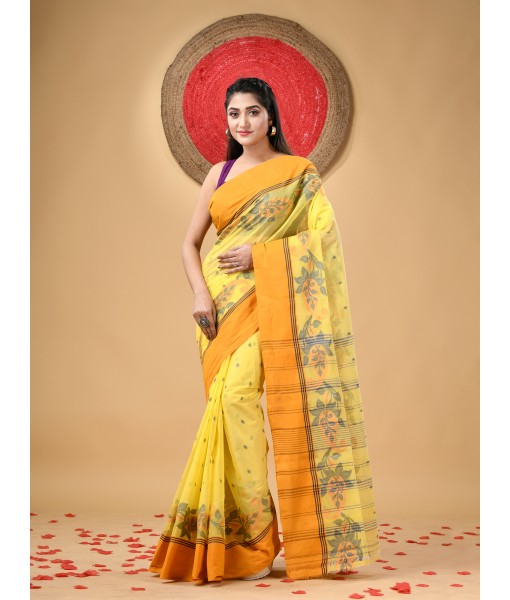 Handloom Cotton Saree Padmakshi Woven Designer Without Blouse Piece (Yellow)