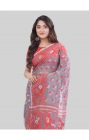 DESH BIDESH Women`s Phulkari Resham Dhakai jamdani Bengal Pure Cotton Handloom Saree Whole Body Design without Blouse Piece (Grey Red)