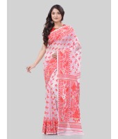 DESH BIDESH Women`s Phulkari Resham Dhakai jamdani Bengal Pure Cotton Handloom Saree Whole Body Design without Blouse Piece (Red White)