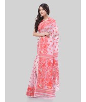 DESH BIDESH Women`s Phulkari Resham Dhakai jamdani Bengal Pure Cotton Handloom Saree Whole Body Design without Blouse Piece (Red White)