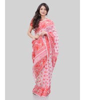 DESH BIDESH Women`s Phulkari Resham Dhakai jamdani Bengal Pure Cotton Handloom Saree Whole Body Design without Blouse Piece (Red White)