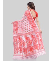 DESH BIDESH Women`s Phulkari Resham Dhakai jamdani Bengal Pure Cotton Handloom Saree Whole Body Design without Blouse Piece (Red White)