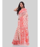 DESH BIDESH Women`s Phulkari Resham Dhakai jamdani Bengal Pure Cotton Handloom Saree Whole Body Design without Blouse Piece (Orange White)