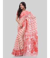 DESH BIDESH Women`s Phulkari Resham Dhakai jamdani Bengal Pure Cotton Handloom Saree Whole Body Design without Blouse Piece (Orange White)