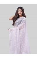 DESH BIDESH Women`s Phulkari Resham Dhakai jamdani Bengal Pure Cotton Handloom Saree Whole Body Design without Blouse Piece (White)