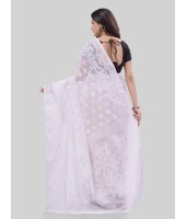 DESH BIDESH Women`s Phulkari Resham Dhakai jamdani Bengal Pure Cotton Handloom Saree Whole Body Design without Blouse Piece (White)