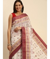 Traditional Bengal Phulkoli Woven Design Pure Handloom Cotton Saree Without Blouse Piece (Red White)