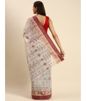 Traditional Bengal Phulkoli Woven Design Pure Handloom Cotton Saree Without Blouse Piece (Red White)