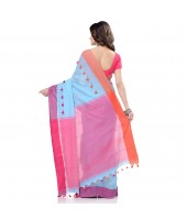 dB DESH BIDESH Women`s Traditional Bengal Handloom Tant Pure Cotton Saree Pompom Desigined With Blouse Piece (Sky Blue Pink)