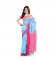 dB DESH BIDESH Women`s Traditional Bengal Handloom Tant Pure Cotton Saree Pompom Desigined With Blouse Piece (Sky Blue Pink)