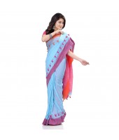 dB DESH BIDESH Women`s Traditional Bengal Handloom Tant Pure Cotton Saree Pompom Desigined With Blouse Piece (Sky Blue Pink)