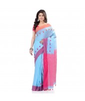 dB DESH BIDESH Women`s Traditional Bengal Handloom Tant Pure Cotton Saree Pompom Desigined With Blouse Piece (Sky Blue Pink)