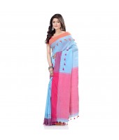 dB DESH BIDESH Women`s Traditional Bengal Handloom Tant Pure Cotton Saree Pompom Desigined With Blouse Piece (Sky Blue Pink)