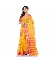 dB DESH BIDESH Women`s Bengal Tant Potrobinnas Pure Handloom Cotton Saree Without Blouse Piece (Yellow-1)