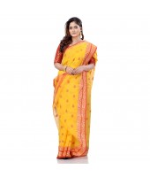 dB DESH BIDESH Women`s Bengal Tant Potrobinnas Pure Handloom Cotton Saree Without Blouse Piece (Yellow-1)