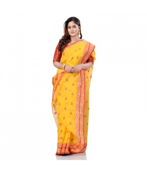 dB DESH BIDESH Women`s Bengal Tant Potrobinnas Pure Handloom Cotton Saree Without Blouse Piece (Yellow-1)