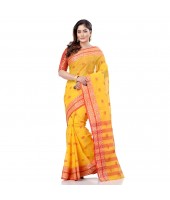 dB DESH BIDESH Women`s Bengal Tant Potrobinnas Pure Handloom Cotton Saree Without Blouse Piece (Yellow-1)