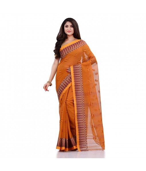 Women`s Traditional Pure Cotton Handloom Saree Woven Tilak Designer Without Blouse Piece (Burnt Clay Orange)