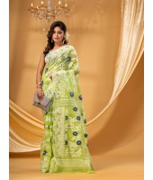 Rangabati Resham Dhakai Jamdani Bengal Pure Cotton Handloom Saree without Blouse Piece (Green)