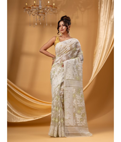 Rangabati Resham Dhakai Jamdani Pure Cotton Handloom Saree without Blouse Piece (Off White)