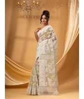 Rangabati Resham Dhakai Jamdani Pure Cotton Handloom Saree without Blouse Piece (Off White)