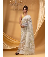 Rangabati Resham Dhakai Jamdani Pure Cotton Handloom Saree without Blouse Piece (Off White)