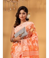  Rangabati Resham Dhakai Jamdani Bengal Pure Cotton Handloom Saree without Blouse Piece (Orange)