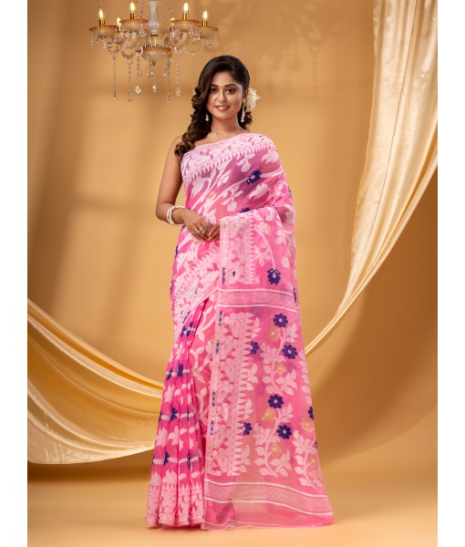 Rangabati Resham Dhakai Jamdani Bengal Pure Cotton Handloom Saree without Blouse Piece( Pink)