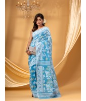 Rangabati Resham Dhakai Jamdani Pure Cotton Handloom Saree without Blouse Piece (Blue)