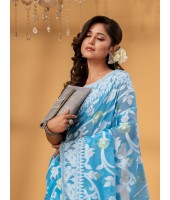 Rangabati Resham Dhakai Jamdani Pure Cotton Handloom Saree without Blouse Piece (Blue)