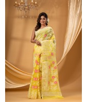 Rangabati Resham Dhakai Jamdani Pure Cotton Handloom Saree without Blouse Piece (Yellow)