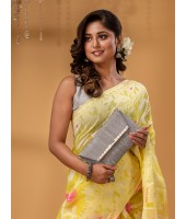 Rangabati Resham Dhakai Jamdani Pure Cotton Handloom Saree without Blouse Piece (Yellow)