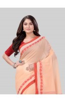 DESH BIDESH Women`s Traditional Bengali Tant Handloom Cotton Saree Royel Loveria Design With Blouse Piece (Cream Red)
