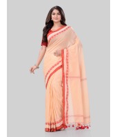 DESH BIDESH Women`s Traditional Bengali Tant Handloom Cotton Saree Royel Loveria Design With Blouse Piece (Cream Red)