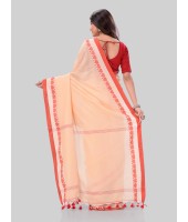 DESH BIDESH Women`s Traditional Bengali Tant Handloom Cotton Saree Royel Loveria Design With Blouse Piece (Cream Red)