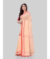 DESH BIDESH Women`s Traditional Bengali Tant Handloom Cotton Saree Royel Loveria Design With Blouse Piece (Cream Red)