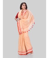 DESH BIDESH Women`s Traditional Bengali Tant Handloom Cotton Saree Royel Loveria Design With Blouse Piece (Cream Red)