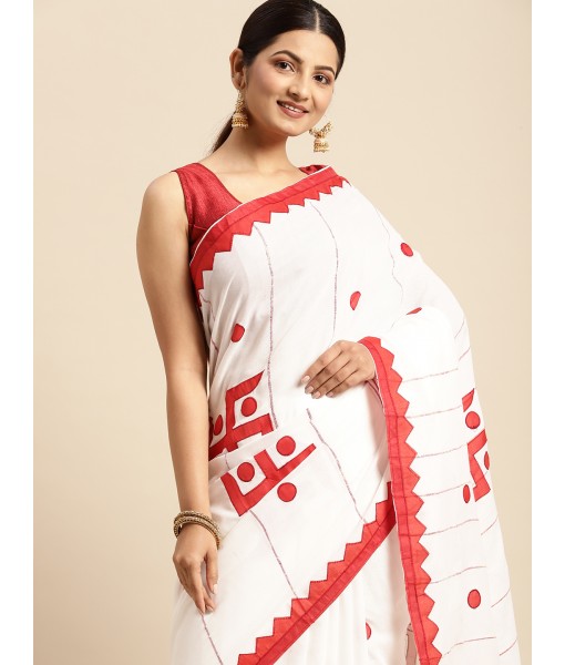 Khesh Pure Cotton Handloom Saree Swastik Designed With Blouse Piece (White Red)