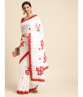 Khesh Pure Cotton Handloom Saree Swastik Designed With Blouse Piece (White Red)