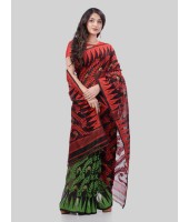 DESH BIDESH Women`s Tamarind Leaf Resham Dhakai Jamdani Bengal Pure Cotton Handloom Saree Whole Body Design without Blouse Piece(Red Green)