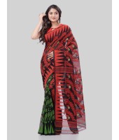 DESH BIDESH Women`s Tamarind Leaf Resham Dhakai Jamdani Bengal Pure Cotton Handloom Saree Whole Body Design without Blouse Piece(Red Green)