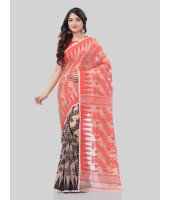 DESH BIDESH Women`s Tamarind Leaf Resham Dhakai Jamdani Bengal Pure Cotton Handloom Saree Whole Body Design without Blouse Piece (Red Black)