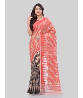 DESH BIDESH Women`s Tamarind Leaf Resham Dhakai Jamdani Bengal Pure Cotton Handloom Saree Whole Body Design without Blouse Piece (Red Black)