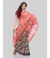 DESH BIDESH Women`s Tamarind Leaf Resham Dhakai Jamdani Bengal Pure Cotton Handloom Saree Whole Body Design without Blouse Piece (Red Black)